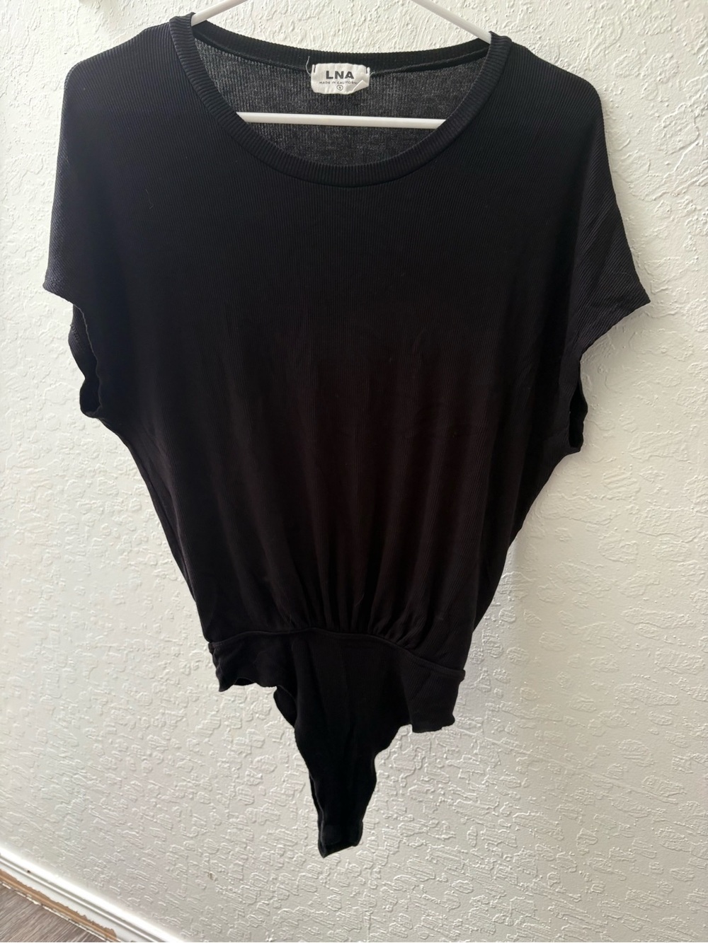 LNA Black Short-Sleeve Cinched Waist Bodysuit